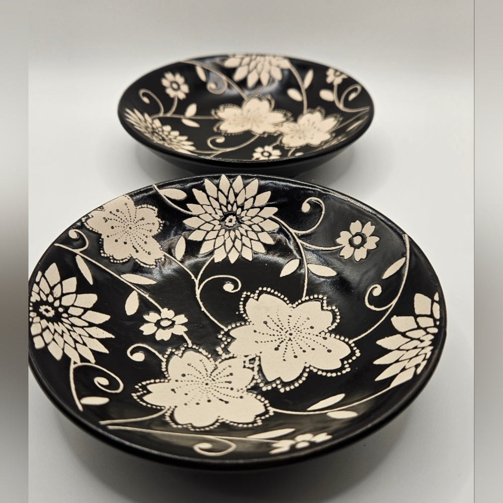 World Market Batik Floral Dip Dishes Black & Cream Stoneware Set Of 2 - Picture 2 of 6